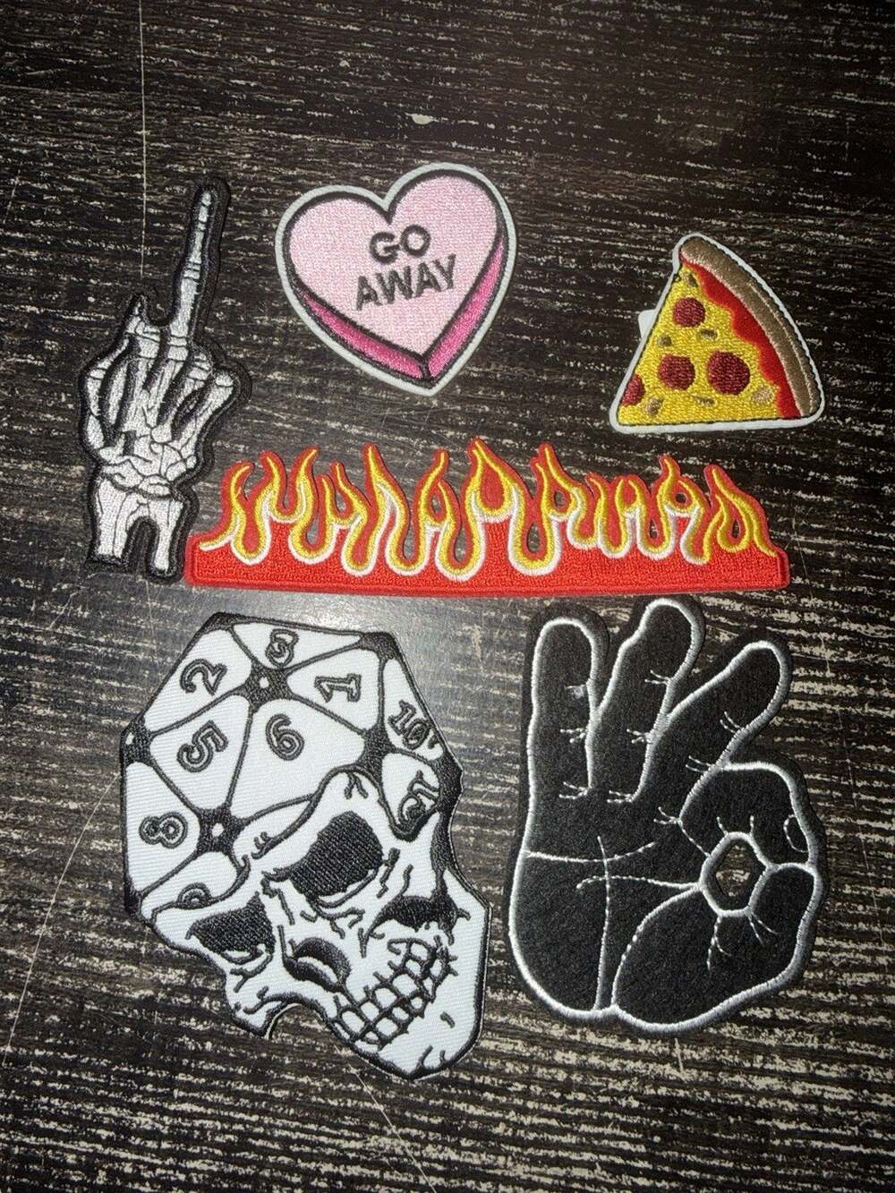 Lot Of 6 Iron on Patches Middle Finger Flames Go Away Heart RPG Dice Skull Ok